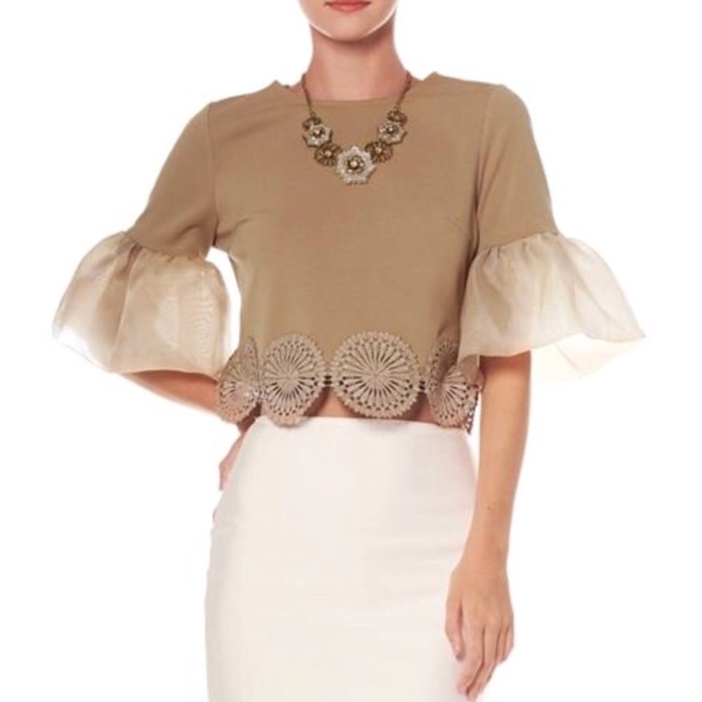 ❗️CLOSING SALE❗️Taupe Circle Lace Hemline Top